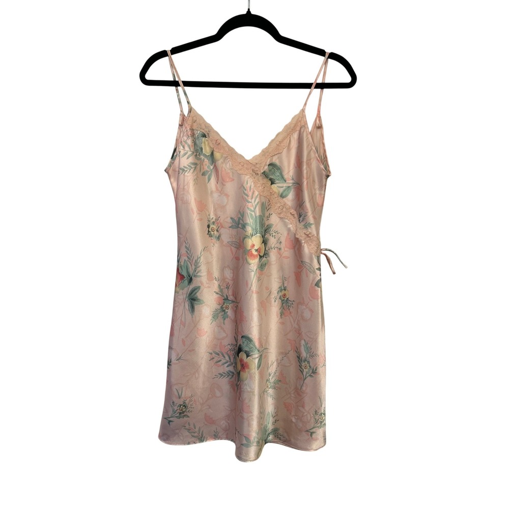 Vtg 90s Angelique Pink Floral Satin Slip Dress XS Open Back Lace Mini Nightgown
